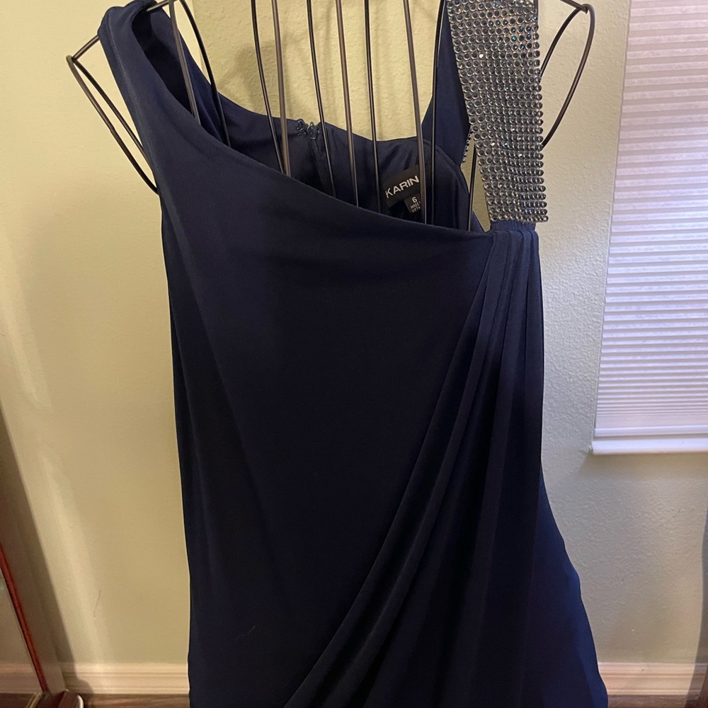 MARINA One Shoulder Dress with Sparkling Strap in Deep Blue